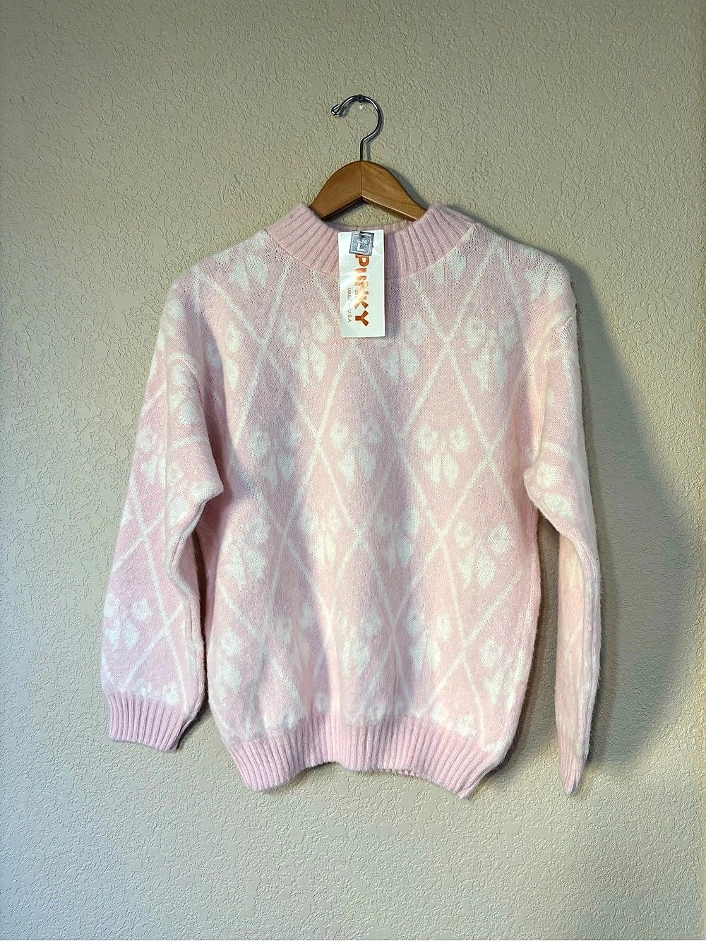 Vintage Spunky Pink&White Knit Crewneck Sweater Made in USA size L - Brand new